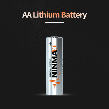 A silver-colored AA lithium battery with the brand name NINMAX printed on it.