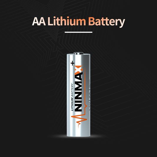 A silver-colored AA lithium battery with the brand name NINMAX printed on it.